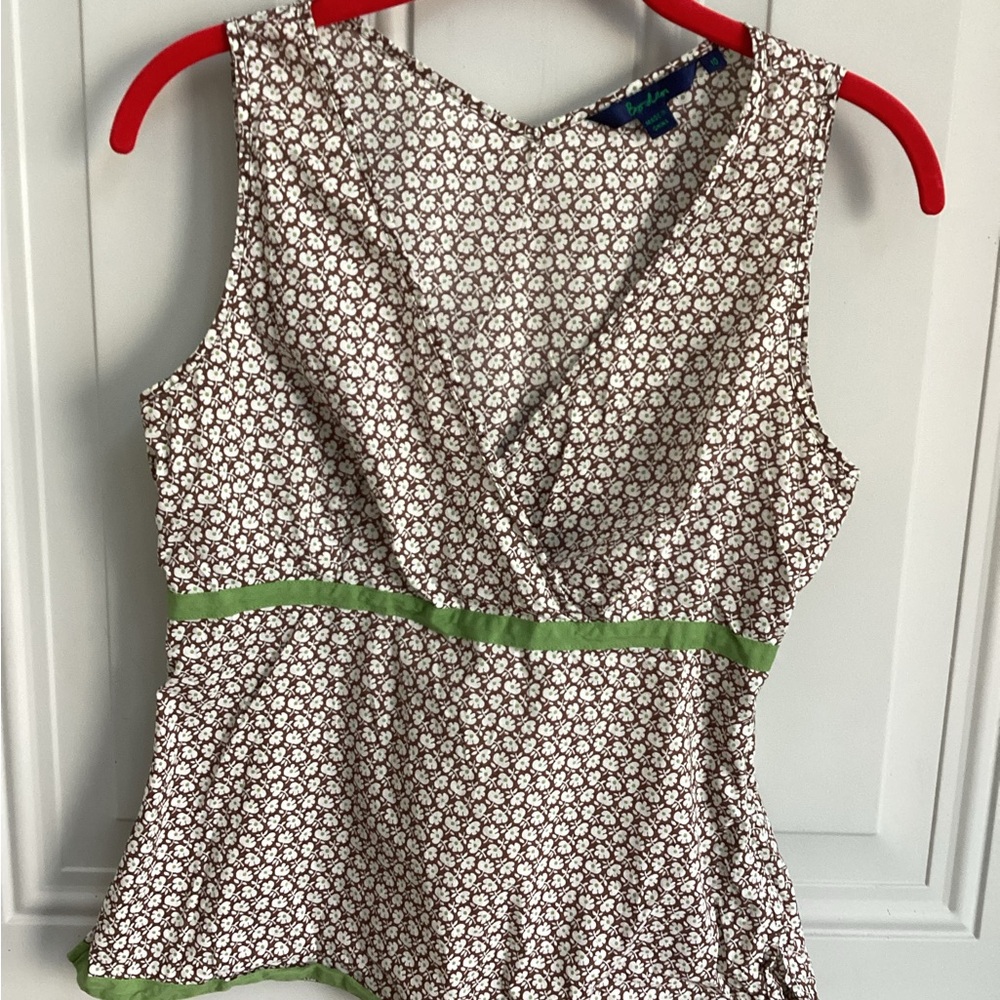 Boden Floral Sleeveless Blouse with Green Trim